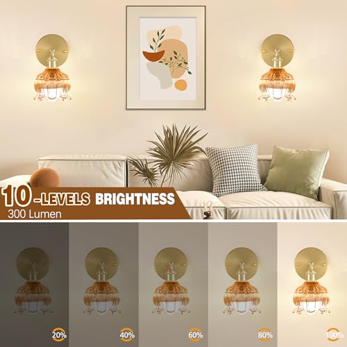 Battery Operated Wall Sconces Set of 2, Amber Tulip Glass Wall Lights | Rechargeable flower wall lamps with remote control, 15 colors, 10-level dimming and timer for bedroom and living room - color: Amber