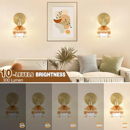 Battery Operated Wall Sconces Set of 2, Amber Tulip Glass Wall Lights | Rechargeable flower wall lamps with remote control, 15 colors, 10-level dimming and timer for bedroom and living room - color: Amber