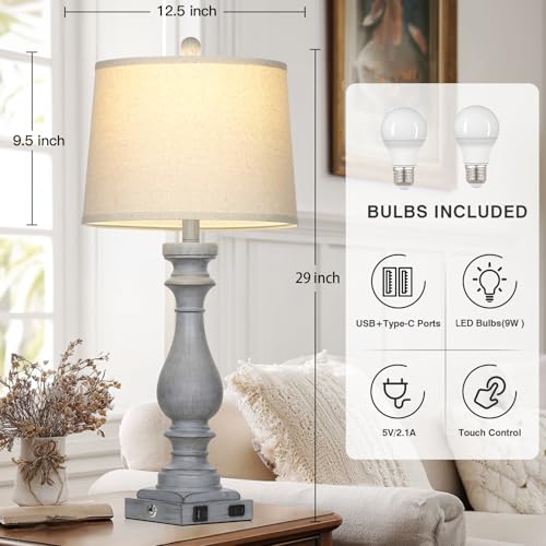 Cinkeda 29" Tall Farmhouse Table Lamp for Living Room Set of 2,Vintage Retro Nightstand Lamps with USB C+A Ports & AC Outlet,3-Way Dimmable Touch Bedside Lamp for Bedroom Side Table,Light Grey - color: Light Gray