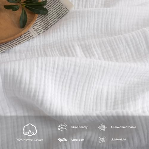 FOSSA Muslin Blanket 4-Layer 100% Cotton Gauze Blanket with Fringe 90"x90" - color: Bright White, size: Queen (90" × 90")