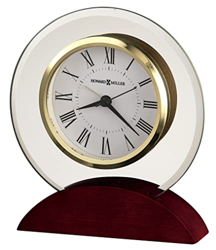 Howard Miller Dana Tabletop Clock – Curved Beveled Glass, Wooden Base, Battery Operated Alarm, Roman Numerals, Analog Desk Clock