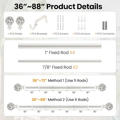 Ycolnaefllr Carved Leaf Curtain Rod, Weathered White, Adjustable 36-88" - color: Weathered white, size: 36-88"