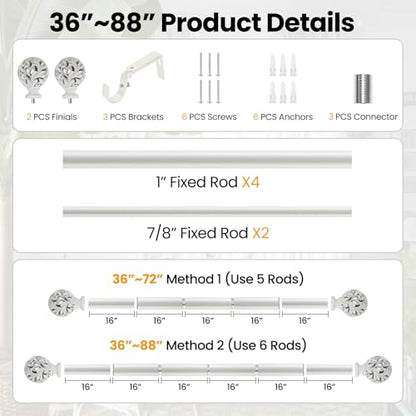 Ycolnaefllr Carved Leaf Curtain Rod, Weathered White, Adjustable 36-88" - color: Weathered white, size: 36-88"