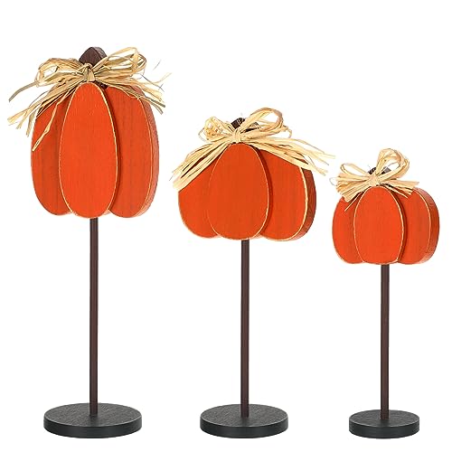 Thyle 3 Pcs Fall Pumpkin Decor, Wooden, Orange - color: Orange