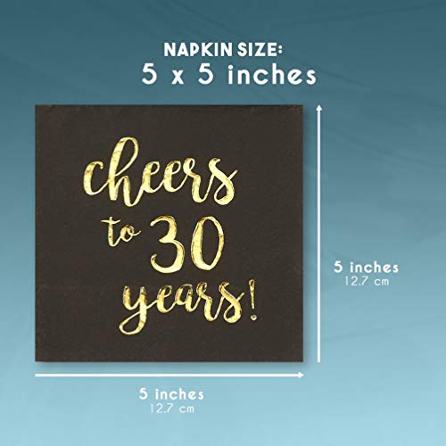 BLUE PANDA 30th Birthday Napkins - 5 x 5 in, 3-Ply, 50 Count, Black & Gold - Cheers to 30 Years Foil Print Napkins - 30th Anniversary Decorations - 30 Balloons - size: 50 Pack