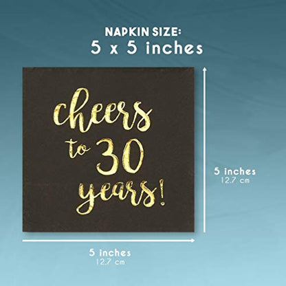 BLUE PANDA 30th Birthday Napkins - 5 x 5 in, 3-Ply, 50 Count, Black & Gold - Cheers to 30 Years Foil Print Napkins - 30th Anniversary Decorations - 30 Balloons - size: 50 Pack