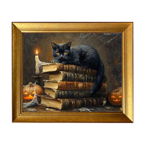 Gongyuanyihao Arts Gold Framed Vintage Halloween wall decorations featuring pumpkin, ancient books, candles and black cat elements, Dark Academia Aesthetic Canvas Painting Picture Decor for Home, 12x16in Ready to Hang - color: Black Cat & Pumpkins Gothic