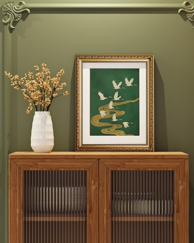 ARPEOTCY Vintage Gold Framed Wall Art Decor, 13x16 Inch Elegant Crane and Golden Stream Canvas Print, Oriental Bird Painting for Living Room Bedroom Office - color: Golden Stream and Cranes, size: 16"L x 13"W