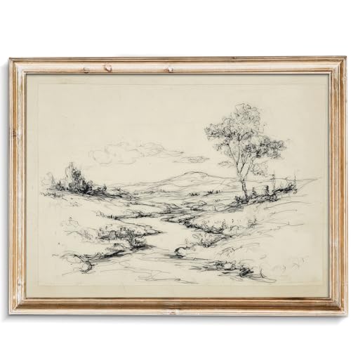 uniro Fall Countryside Landscape Ink Sketch Print, Retro Rustic Autumn River Drawing Wall Art, B&W Autumn Farmhouse Decor - 8x10 Unframed - color: Sketch Path, size: 10"L x 8"W