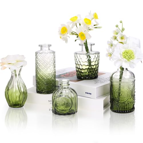 5pcs Green Glass Bud Vase Set, Small Flower Vases for Centerpieces in Bulk - color: Green, size: 5pcs