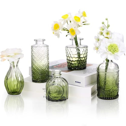 5pcs Green Glass Bud Vase Set, Small Flower Vases for Centerpieces in Bulk - color: Green, size: 5pcs
