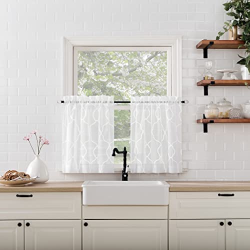 No. 918 Allerton Embroidered Trellis Semi-Sheer Rod Pocket Kitchen Curtain Valance and Tiers Set, White, 52" W x 36" L