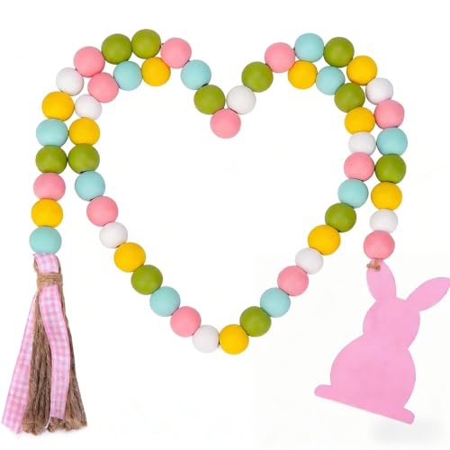 Easter Wood Bead Garland with Jute Tassel, Spring Decor Farmhouse Wooden Beads Rustic Prayer Beads for Tiered Tray Shelf Mantle Home Decor (Rabbit) - color: Rabbit