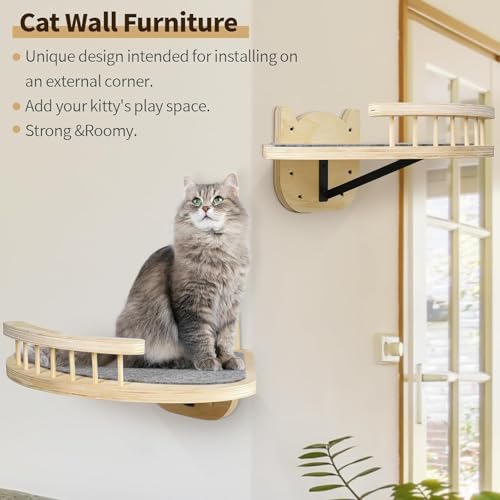 Cat Wall Shelves Furniture Set with Scratching Pad，Wooden Cat Climbing Wall Systems with 2 Perches and 3 Steps, Floating Shelves Bed Wall Mounted for Indoor Fit Up to 15Lbs (Burlywood) - color: Burlywood