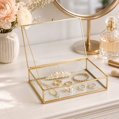 Feyarl Gold Glass Photo Cards Display Box Jewelry Trinket Ring Earring Post Cards Decorative Keepsake Box for Wedding Home Deco Dresser Coffee Table (8.66 x 5.9 x 1.96inch)