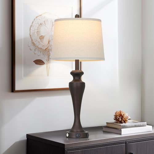 30 Inch Dark Brown Table Lamp Single, 3-Way Touch Control Bedside Lamp with USB A+C Ports and AC Outlet, Tall Living Room Lamps for End Table, Elegant Coffee Bedroom Lamps for Night stand, Coffee - color: Brown-1PK