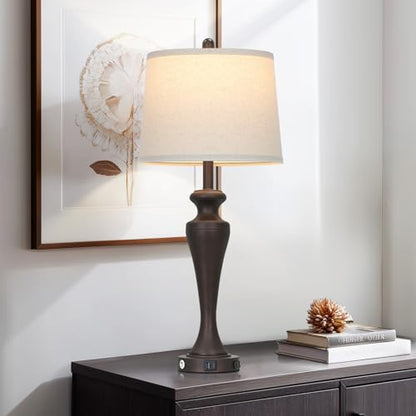30 Inch Dark Brown Table Lamp Single, 3-Way Touch Control Bedside Lamp with USB A+C Ports and AC Outlet, Tall Living Room Lamps for End Table, Elegant Coffee Bedroom Lamps for Night stand, Coffee - color: Brown-1PK