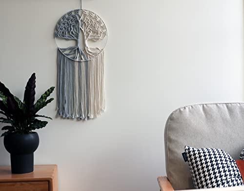 GUKALYLY Tree of Life Macrame Wall Hanging, Handmade Woven Boho Wall Art, Grey and White Round Macrame Wall Decor for Bedroom Nursery Apartment Dorm, Gift for Mom & Women, 13" W x 31.5" L