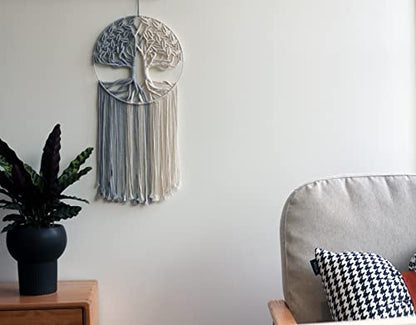 GUKALYLY Tree of Life Macrame Wall Hanging, Handmade Woven Boho Wall Art, Grey and White Round Macrame Wall Decor for Bedroom Nursery Apartment Dorm, Gift for Mom & Women, 13" W x 31.5" L