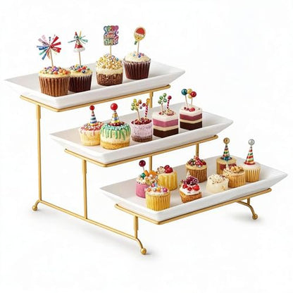 Gomakren 3 Tier Serving Stand, 14 Inch White Serving Platter with Trays - color: Gold, size: 15.7" x 13.5" x 9.2"