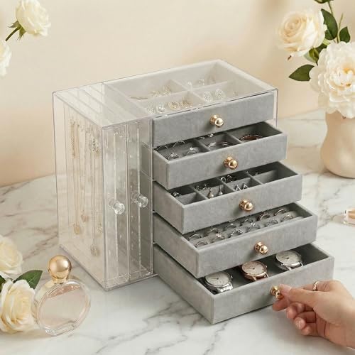 Jewelry Organizer with Clear Acrylic Display and Drawers, Dust-Protected Jewelry Storage Box for Necklaces, Earrings, Rings & Bracelets, Elegant Tabletop Organizer for Vanity, Bedroom or Desk, Gray - color: Stone Gray