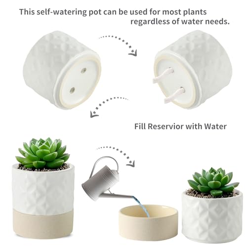 Nihow Self Watering Ceramic Plant Pot, 4.5 Inch, Matte White & Brown Star - color: Matte White & Brown Star, size: 4.5" Self Watering