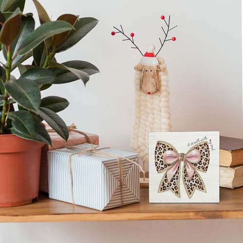 Leopard Print Bow Wooden Signs,Christian Bow Wooden Box Sign,Bible Verse Decoration For Home Office Shelf Table Decor 5x5 Inches - color: Bow10