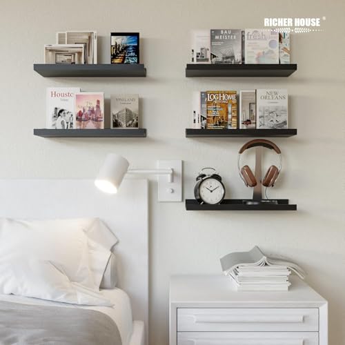 RICHER HOUSE 5-Set Floating Shelves with Lip, Black Wall Mounted Wood Shelf - color: Black, size: 16in
