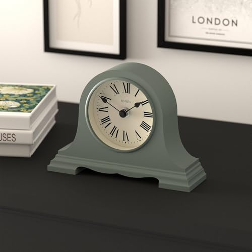 JONES CLOCKS® Speakeasy Small Mantel Clock | Classic Napoleon’s hat Design | Green | Roman Numerals | Traditional Style for Desk, Table, Shelf or Bedside - color: Asparagus Green