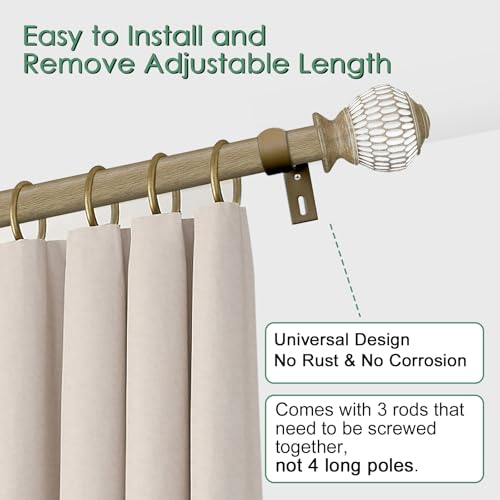 Byondeth Curtain Rods for Windows 16 to 88 Inches Adjustable Length 1 Inch Diameter Window Curtain Rod with Wood Grain Leaf Pattern Finials,for Heavy Duty Curtains Rods - size: 16" to 88"