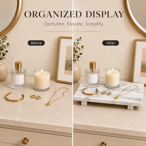 White Marble Pedestal Tray, 13.8-Inch Bathroom Vanity Counter Organizer - color: White Marble-13.8 in