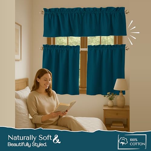 Native Fab 3 Piece Window Curtain Tiers 26"x36" and Valance 54"x18" Set - Rod Pocket - Semi Sheer - Short Curtain for Kitchen, Cafe, Living Room - Teal Green - color: Teal