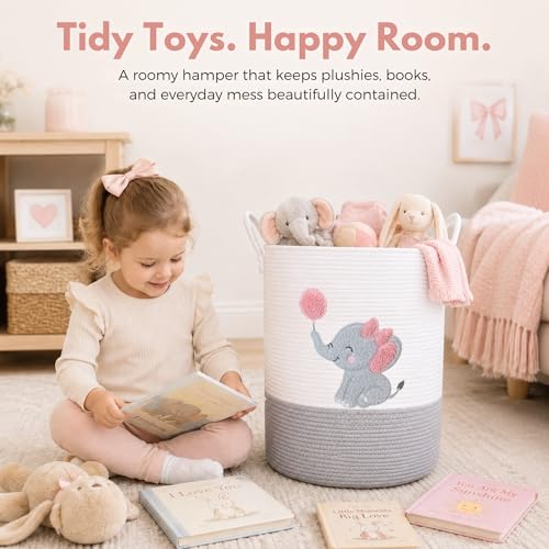 Elephant Baby Laundry Basket for Girl Nursery, Pink Rope Hamper, 20x15 in - color: Girl Elephant