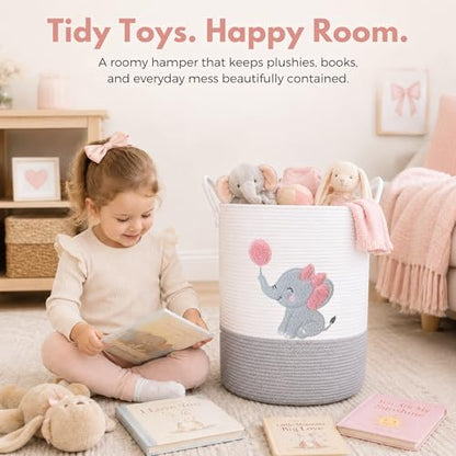 Elephant Baby Laundry Basket for Girl Nursery, Pink Rope Hamper, 20x15 in - color: Girl Elephant