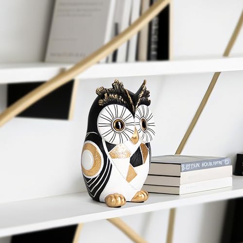 Modern Black White Owl Statue Gold Accent Owl Figurine Home Office Decor - color: Black