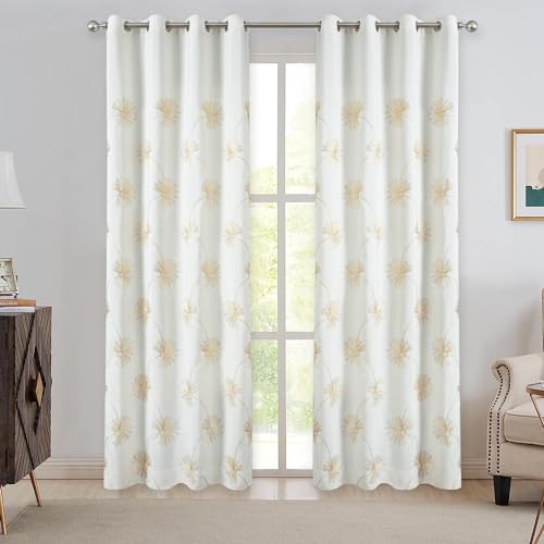 VOGOL Floral Embroidered Grommet Bedroom Curtains, 52 x 96, 2 Panels - color: White, size: 52"W x 96"L (Pack of 2)
