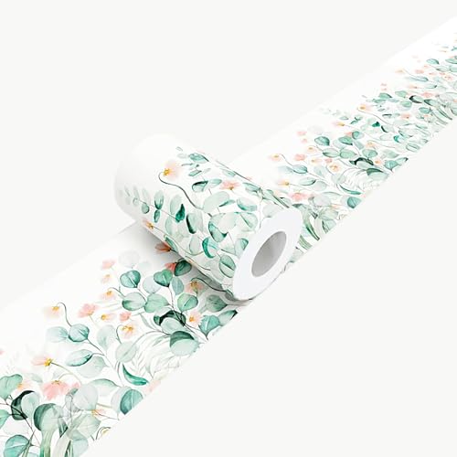 Botanical Wallpaper Border Peel and Stick Green Leaves Pink Flowers - color: Green/White/Orange, size: 3.9" x 196.8"
