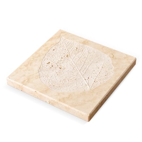 Natural Travertine Leaf Embossed Tray, 7.8inch Square Decorative Trays - color: Beige Travertine