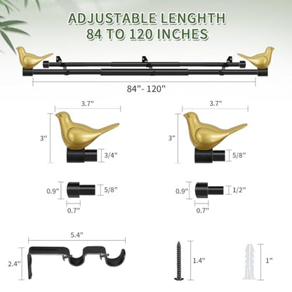 3/4" Diameter Farmhouse Double Window Treatment Curtain Rod, Gold Bird Finials (84"-120", Black Rod) - color: Black with Gold Finial, size: 84"-120"