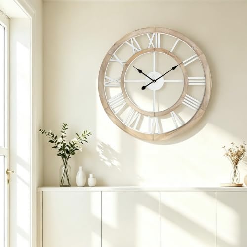 30 Inch Oversized Rustic Wall Clock Silent Non-Ticking Wooden Wall Clocks with Roman Numerals Farmhouse Decorative Clock for Living Room Bedroom Office (Light Lvory) - color: Light Lvory, size: 30 Inch