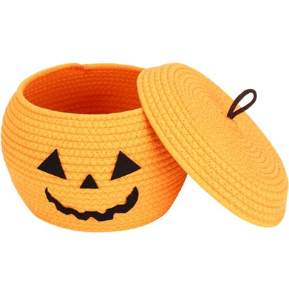 Sea Team Round Woven Cotton Rope Storage Basket with Lid, Halloween - color: Halloween, size: Small