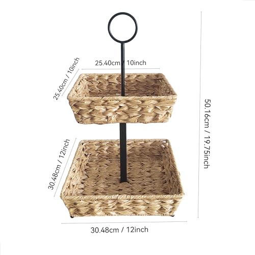 2 Tier Wire Fruit Basket with Rattan | Square Metal Standing Baskets| Handwoven Fruit and Vegetable Storage Organizer |Stackable Candy Organizer|Multi-Function Snack Rack&Shelf for Chips