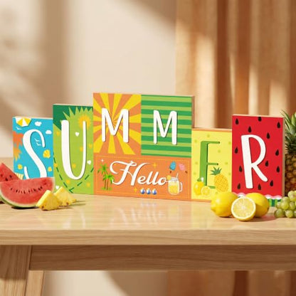Hello Summer Table Decor Beach Party Centerpiece Wooden Sign for Home Office Indoor Outdoor Tiered Tray Shelf - style: Flag