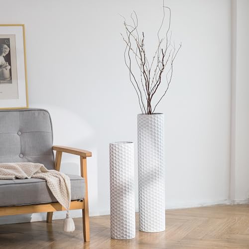Sziqiqi White Tall Vases for Floor, Metal Cylinder Flower Holder, 2Pcs - color: White