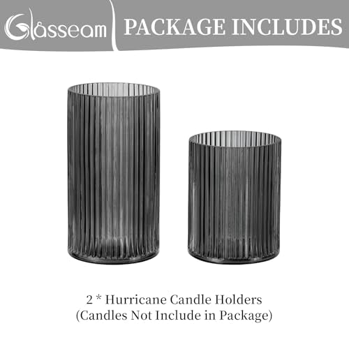 Glasseam Hurricane Glass Candle Holders: 2 Pcs Ribbed Cylinder Grey Vases