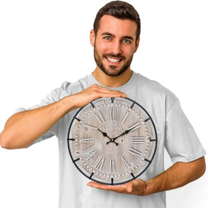 EMAX HOME 12 Inch Farmhouse Wall Clock Rustic Antique Wood with Metal Circle and Large Engraved Numerals, Silent Battery Operated Wall Clock for Office Kitchen Bedroom Living Room - color: Brown, size: 12 Inch Roman numerals