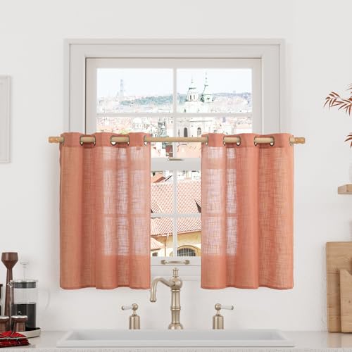 LAMIT Short Linen Window Curtains 30 Inches Long 2 Panels, 34 x 30 Inch - color: Terracotta, size: 34"W x 30"L (Pack of 2)