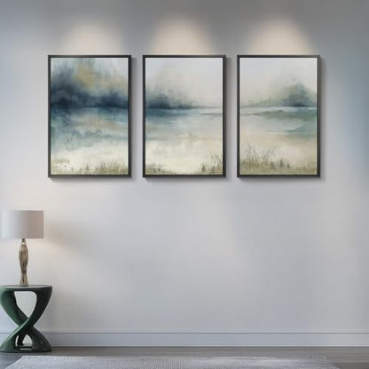 Large Framed Blue Abstract Landscape Wall Art, 3 Piece Set, Each 20x30 In - color: Misty Lake, size: 20" W x 30" H x 3pcs