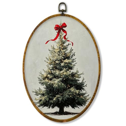 XPH Red Bow Christmas Tree Oval Wall Art Framed 8.6x11.4 Inch - color: Christmas53