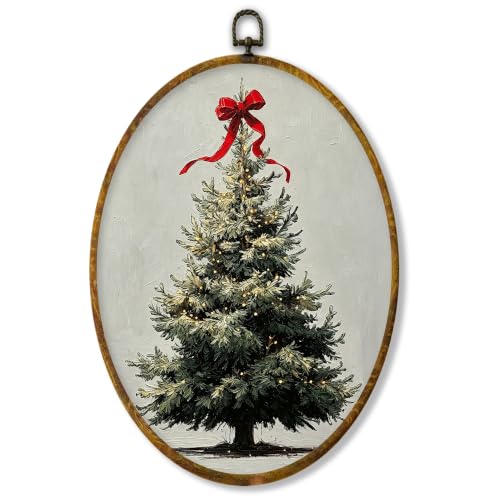 XPH Red Bow Christmas Tree Oval Wall Art Framed 8.6x11.4 Inch - color: Christmas53